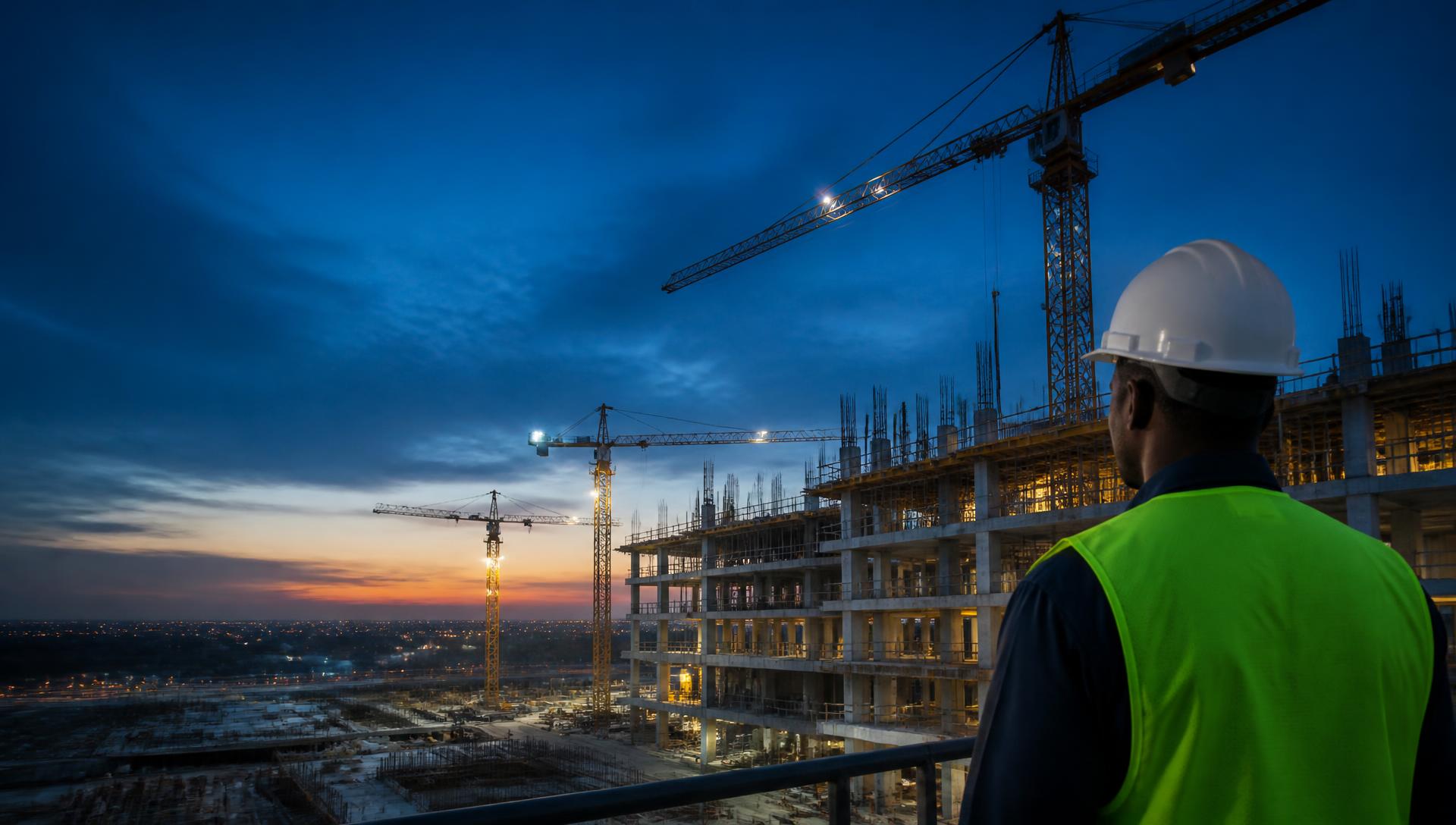 Construction manager overlooking a multi-storey project at sunset